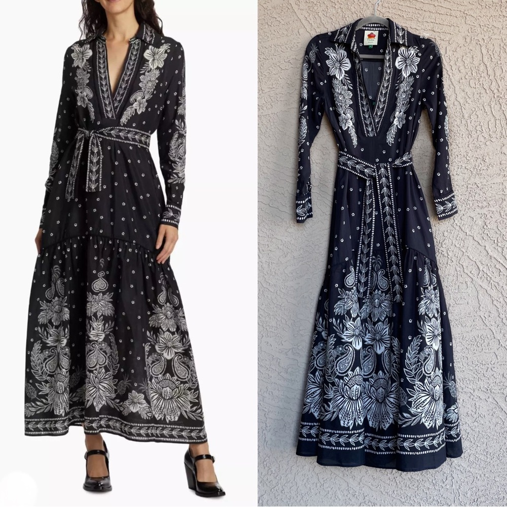 FARM Rio Paisley Bloom Black & White Long Sleeve Maxi Dress - Size XS